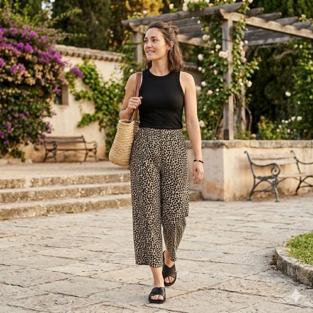 Cropped Wide Leg Women Sz 6 Pockets Leopard Elevated On Trend Classic H&M Money